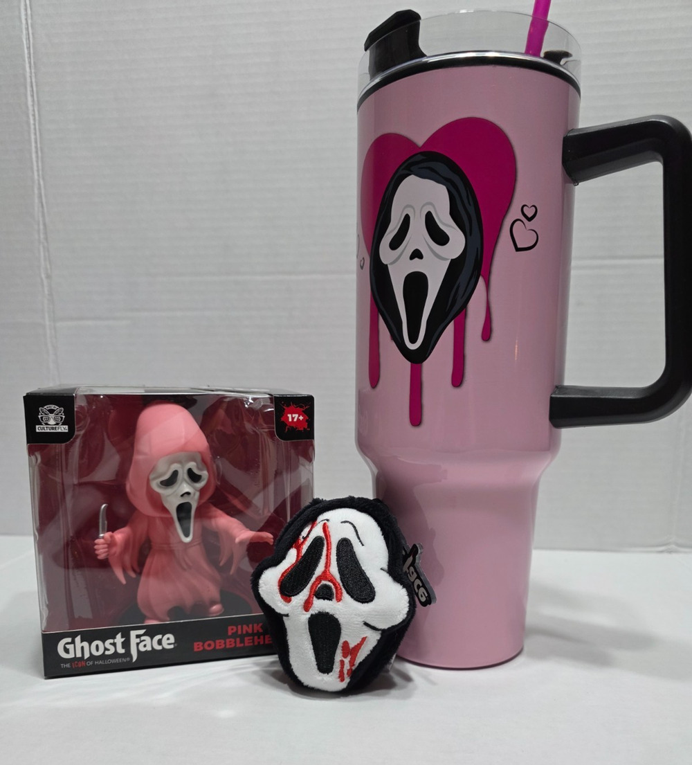 CultureFly Ghost Face Pink 400oz tumbler + 4.5 pink Bobble Head Scream Figure
